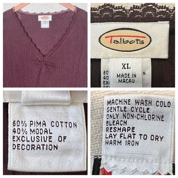 Talbots Top XL Pull Over Brown Lace Trim 60% Pima Cotton 40% Modal Ribbed Y2K - Picture 10 of 15